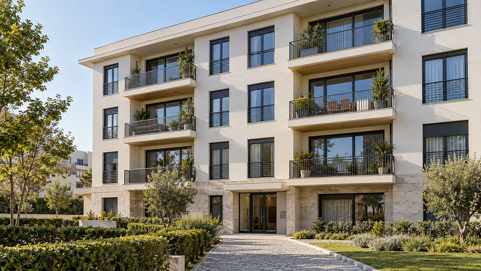 Edifício de apartamentos com varandas, entrada comum e jardim exterior.