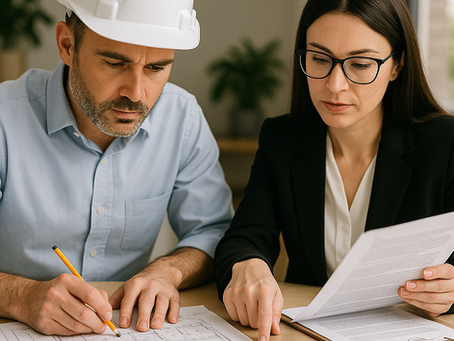 Engenheiro e advogada analisam plantas e documentos jurídicos sobre uma mesa, simbolizando a complementaridade entre Due Diligence Técnica e Imobiliária.