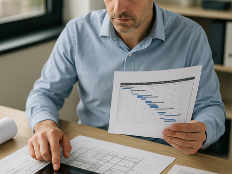 Engenheiro analisa cronograma e documentos técnicos em escritório, representando o tempo e processo de uma Due Diligence Técnica em Portugal