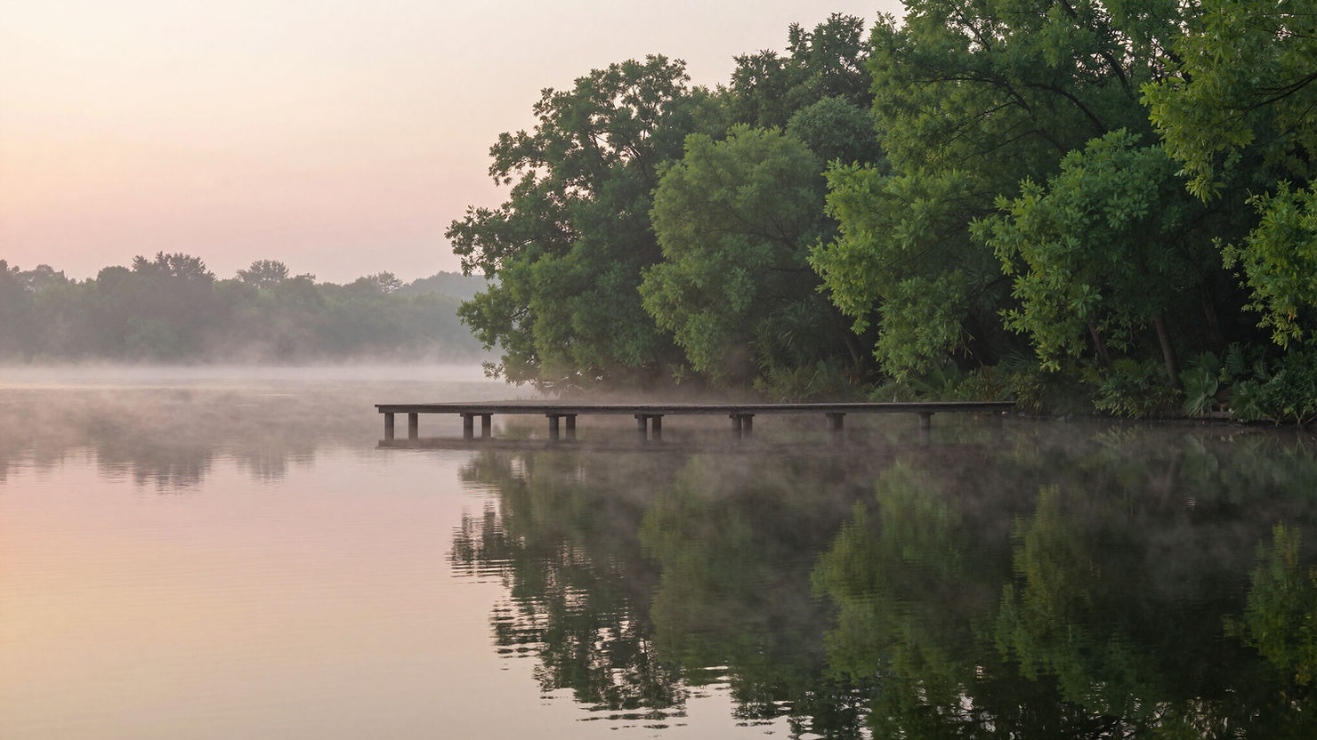 Eye-level view of a serene landscape with a calm lake and surrounding trees