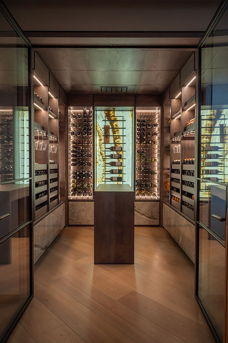 Wine room with illuminated bottle racks and glass doors