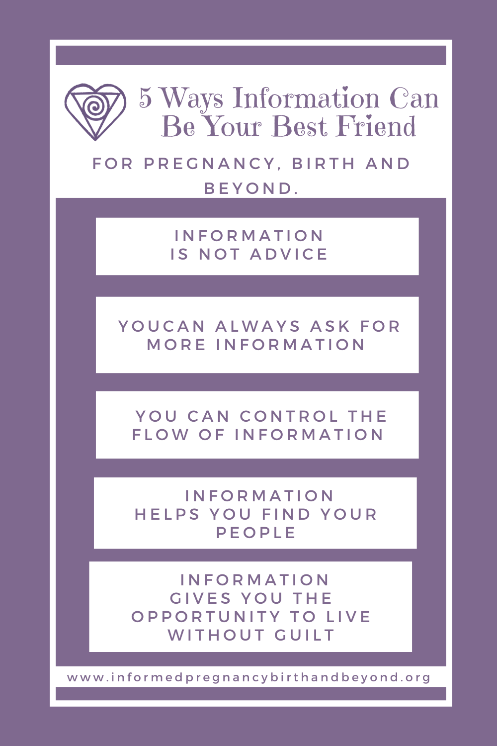 Purple background with text. Text reads: 5 Ways Information Can Be Your Best Friend For Pregnancy Birth and Beyond.