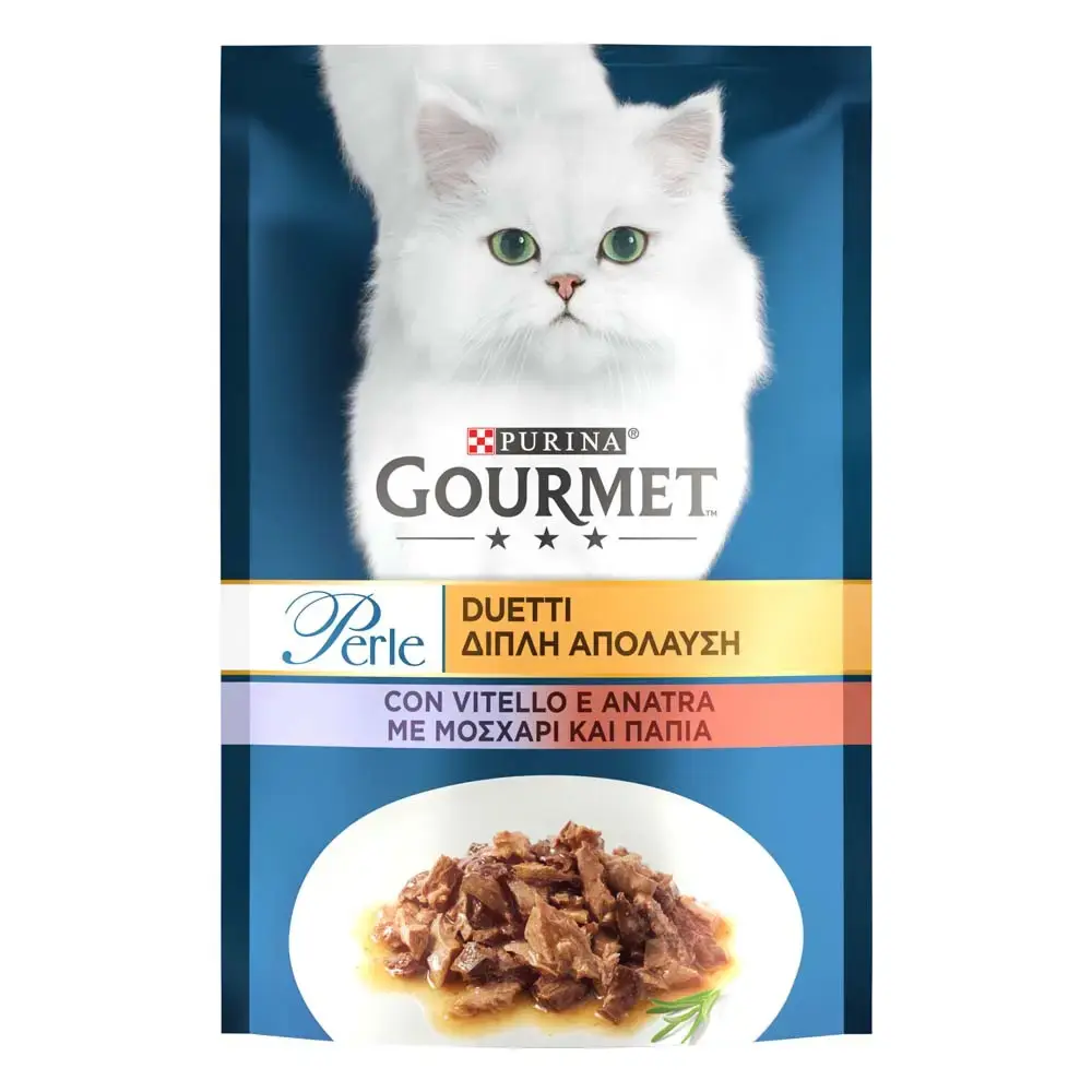 Вологий корм GOURMET Perle Duo для котів міні філе у підливі: телятина,качка 85г