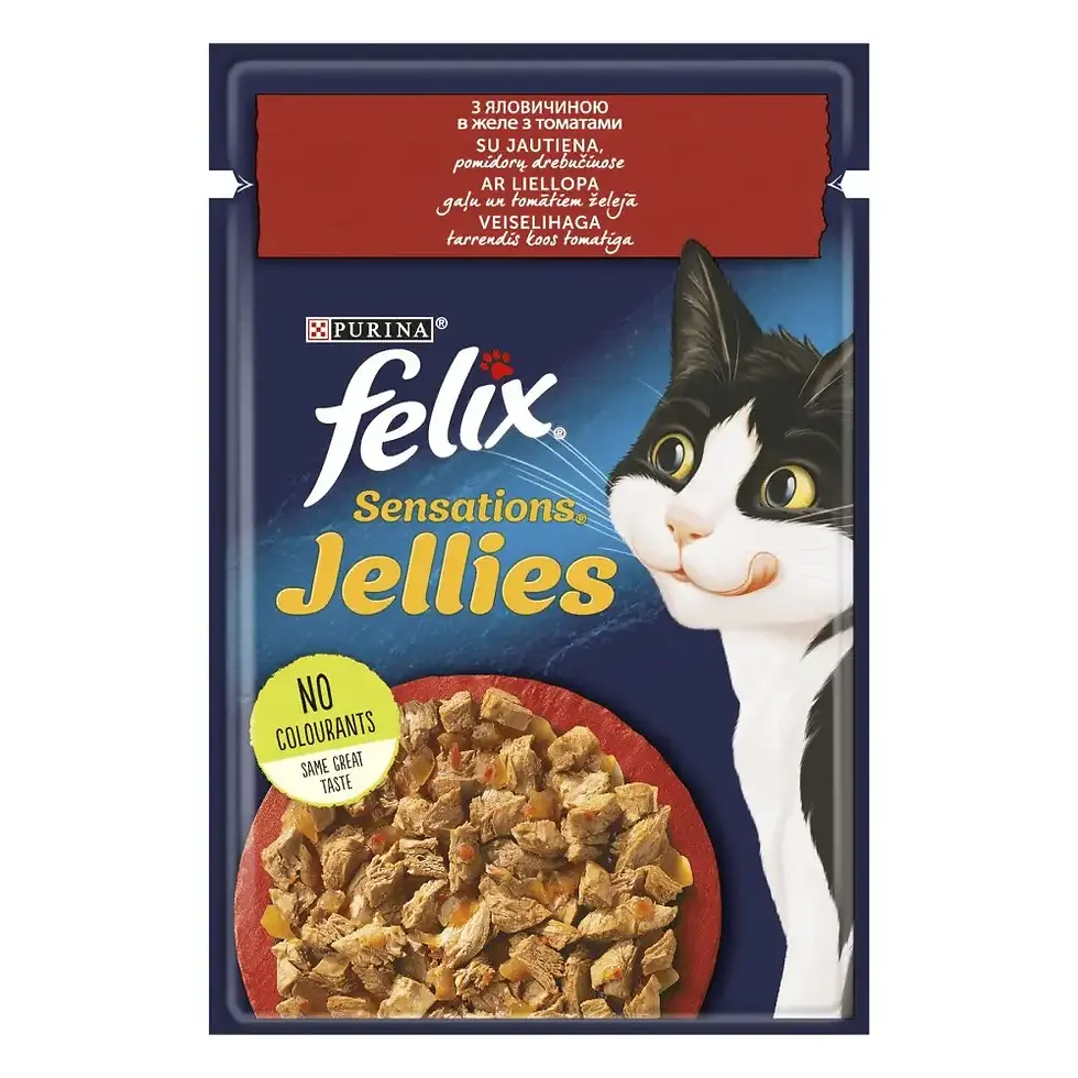 Вологий корм FELIX SensationsJellies для котів шматочки в желе яловичина,томати