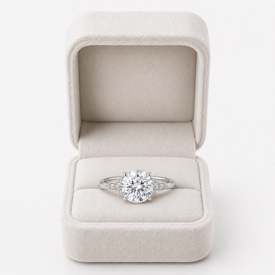 2 CT GRA Certified Round Moissanite Engagement Ring Leaf Accent Solitaire