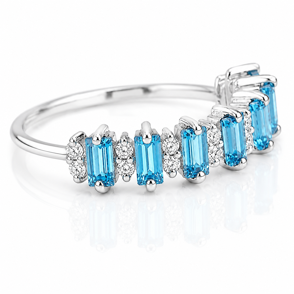 Baguette Swiss Blue Topaz & Moissanite Eternity Ring in 925 Sterling Silver