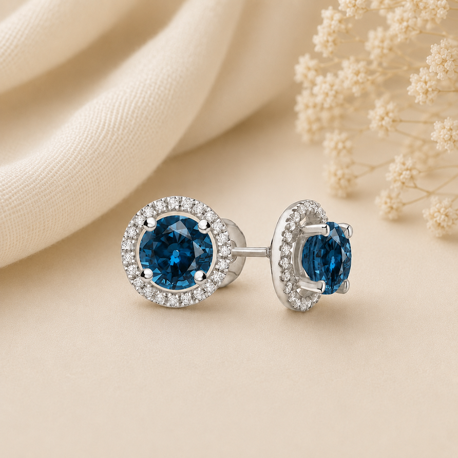 925 Sterling Silver Round Cut London Blue Topaz Halo Stud Earrings for Women