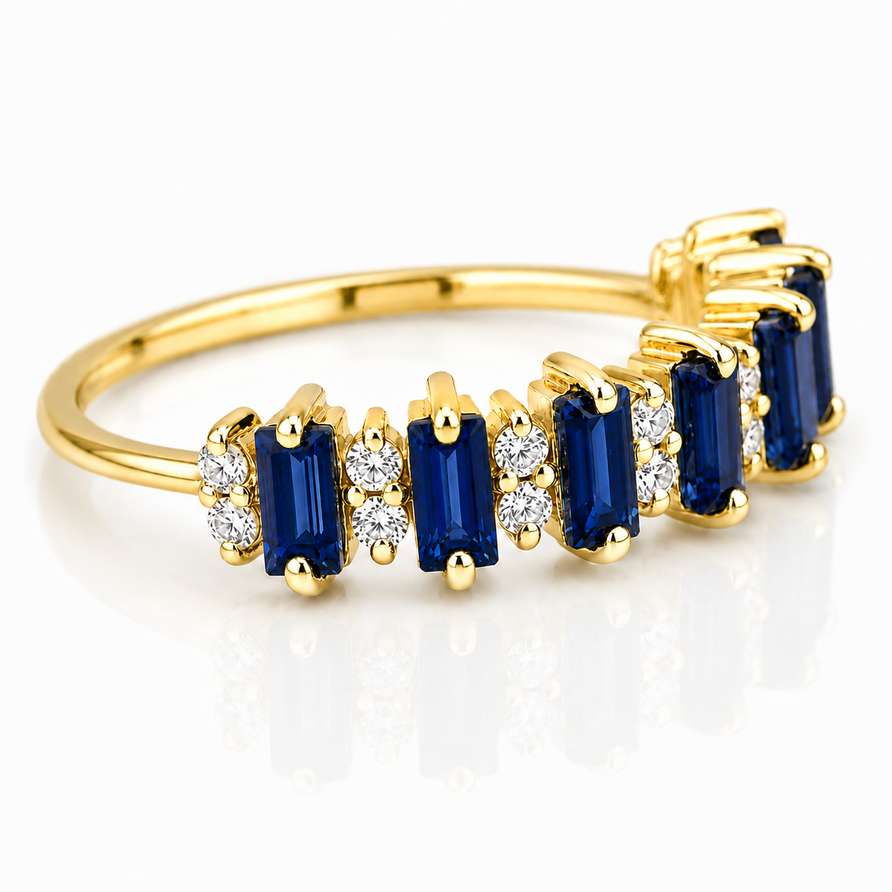 Baguette Blue Sapphire & Moissanite Eternity Ring in 925 Sterling Silver