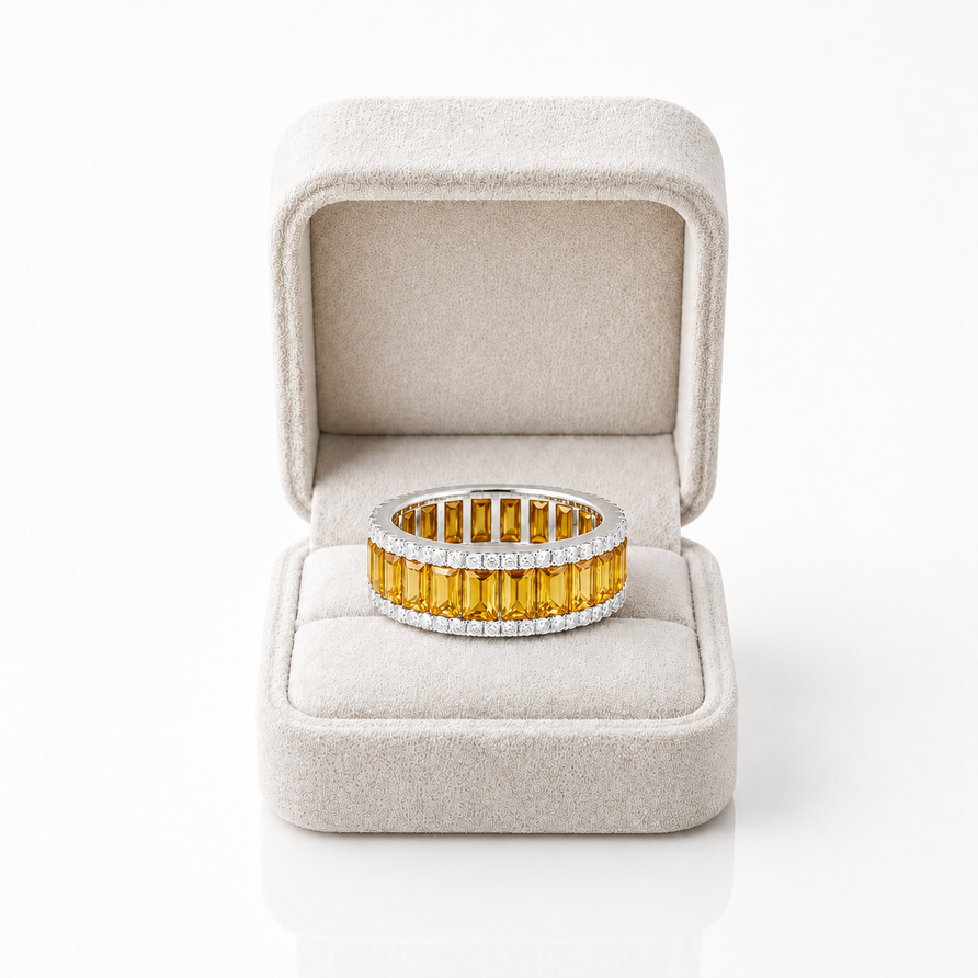 Natural Citrine Emerald Cut Wedding Band Ring with Moissanite Accents
