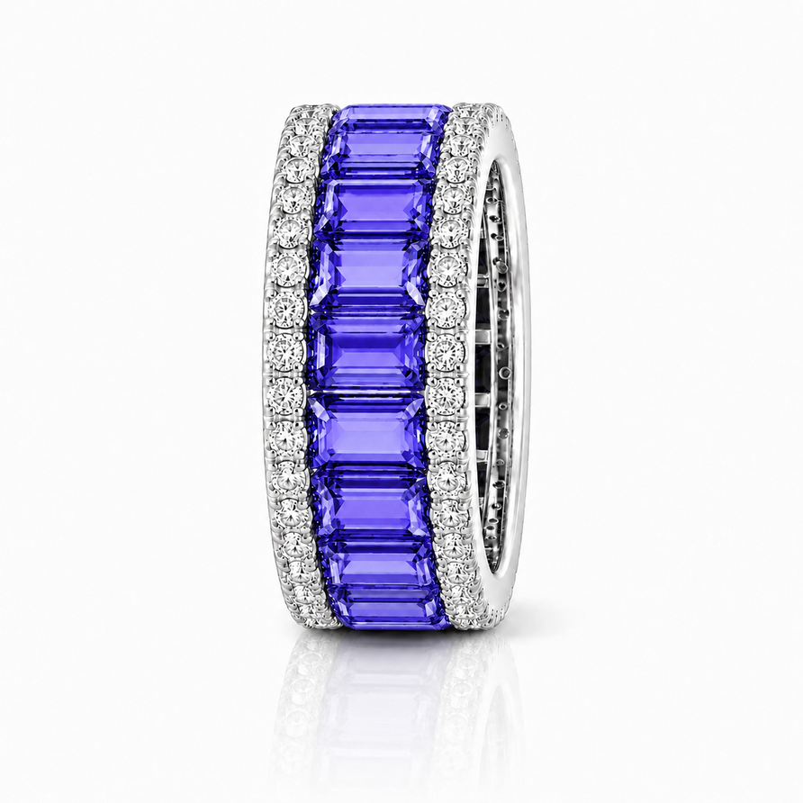 Natural Tanzanite Emerald Cut Wedding Band Ring with Moissanite Accents