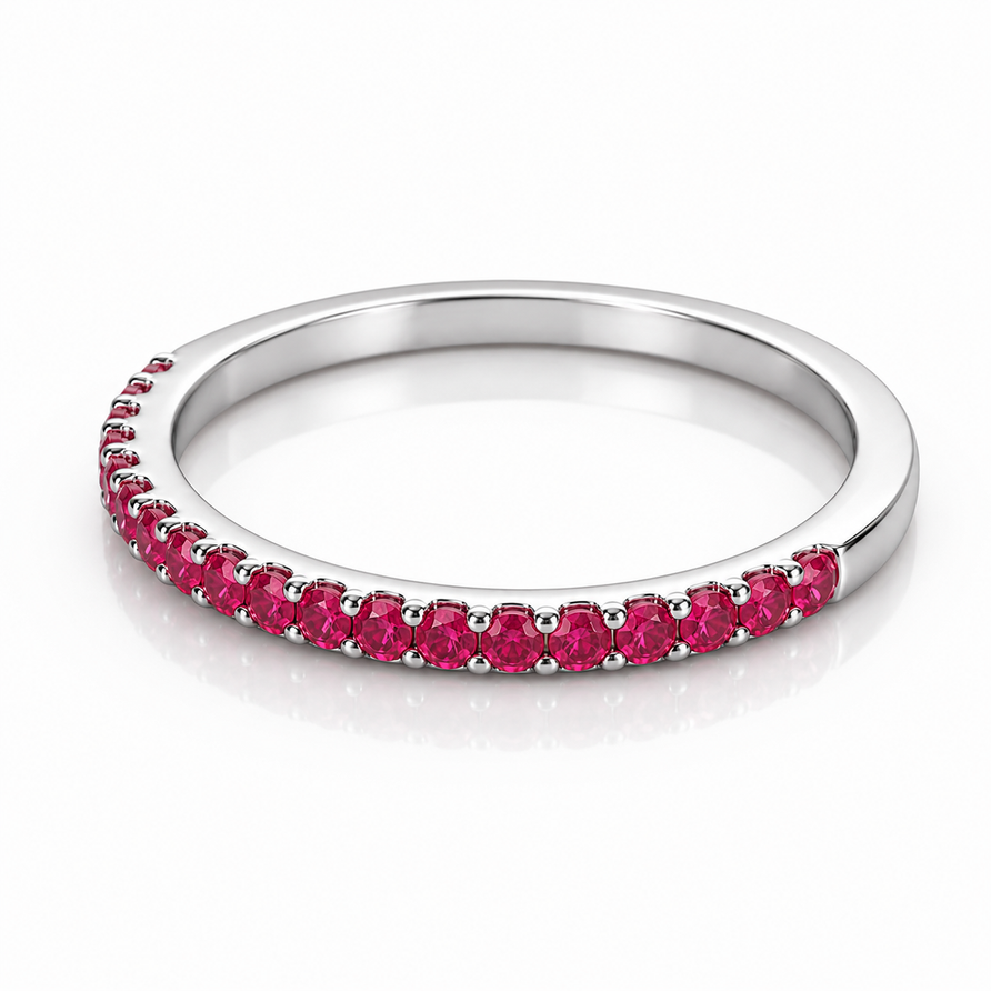 925 Sterling Silver Ruby 1.5mm Round Half Eternity Stackable Band Ring
