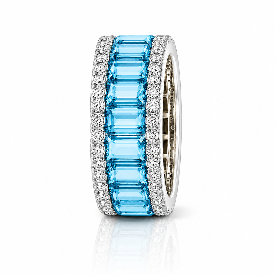 Natural Swiss Blue Topaz Emerald Cut Wedding Band Ring with Moissanite Accents