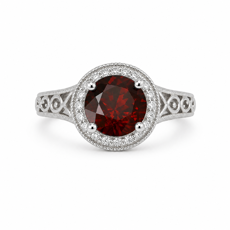 1.5 CT Round Cut Garnet Vintage Halo Engagement Ring in 925 Sterling Silver