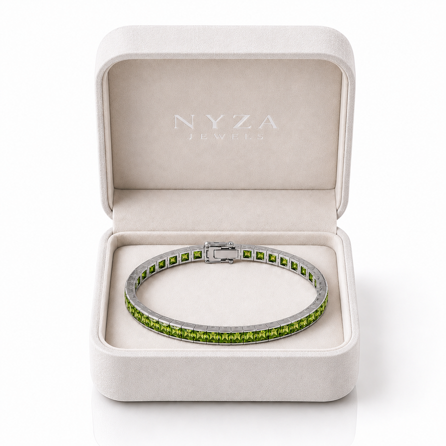 925 Sterling Silver Princess Cut Peridot Tennis Bracelet – 4mm Channel Set