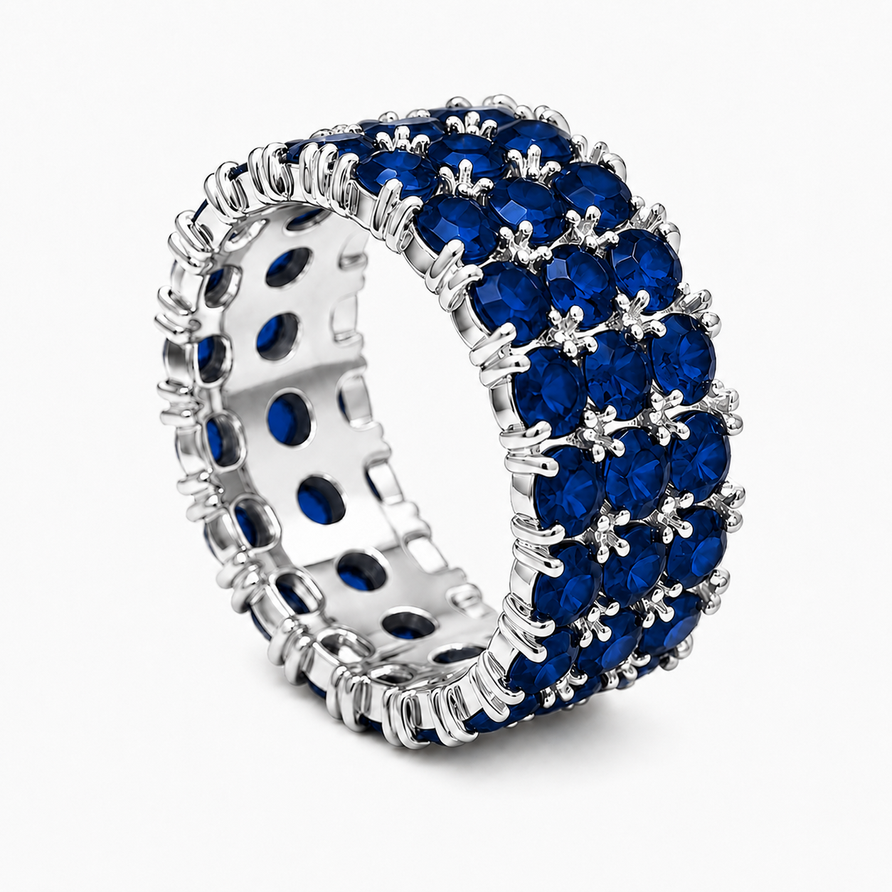 925 Sterling Silver Natural Blue Sapphire Black Spinel 3-Row Eternity Band Ring
