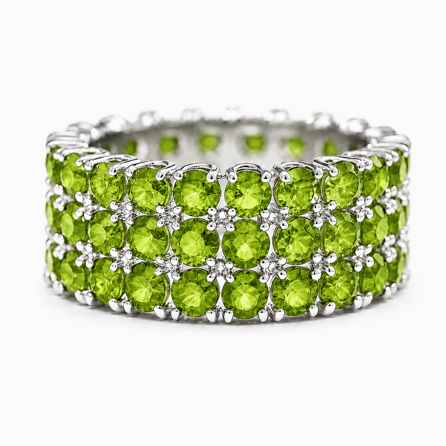 925 Sterling Silver Natural Peridot 3-Row Eternity Band Ring