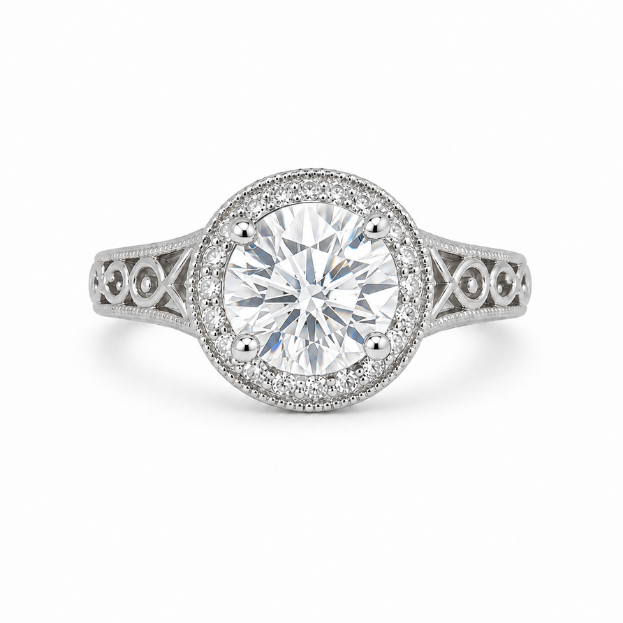 GRA Certified 1.5 CT Round Cut Moissanite Vintage Halo Engagement Ring