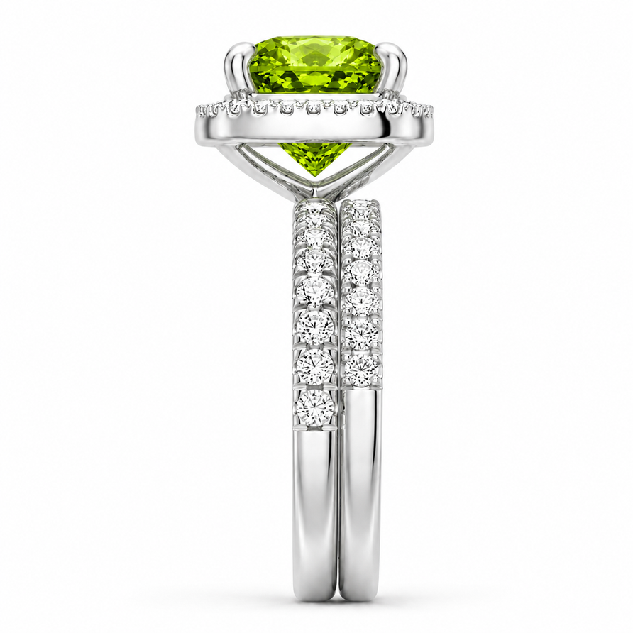 Cushion Cut Peridot & Moissanite Halo Engagement Ring Set