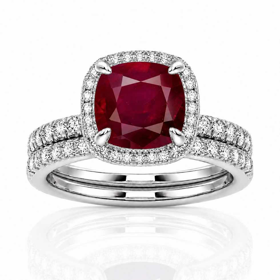 Cushion Cut Ruby & Moissanite Halo Engagement Ring Set