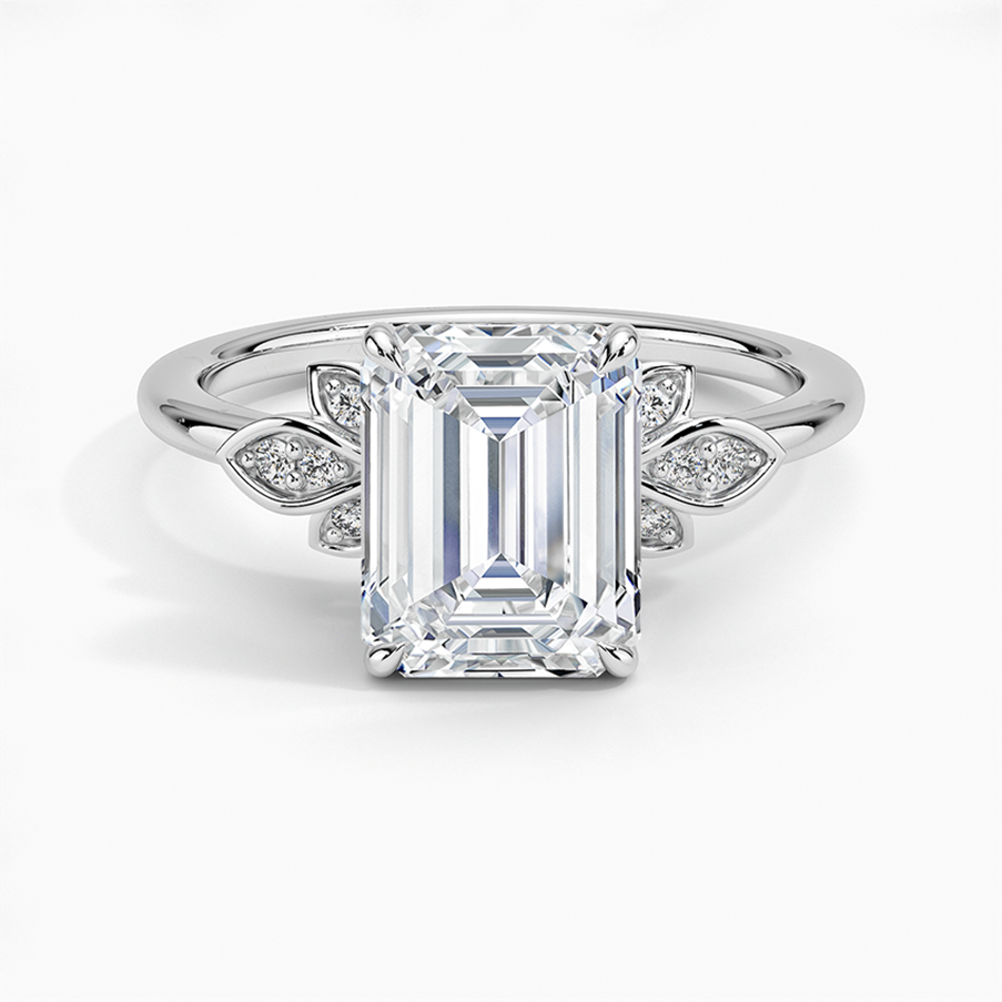 2.5 CT GRA Certified Emerald Cut Moissanite Engagement Ring Leaf Accent Solitaire