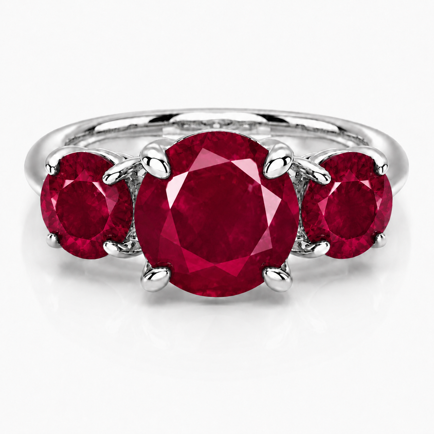 925 Sterling Silver 3CT Round Ruby 3 Stone Ring