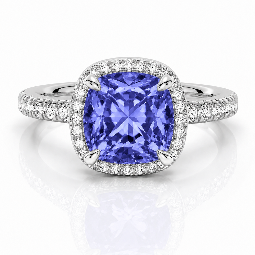 Cushion Cut Lab Created Tanzanite & Moissanite Halo Engagement Ring Set