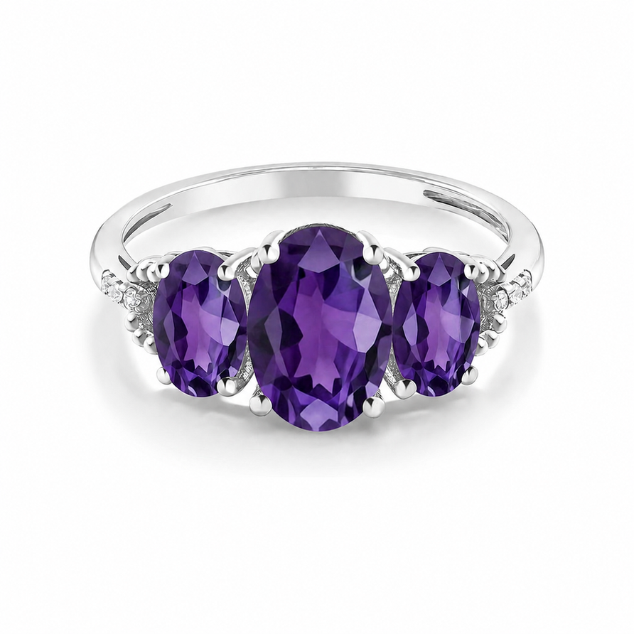 3 CT Oval Cut Amethyst 3 Stone Engagement Ring in 925 Sterling Silver