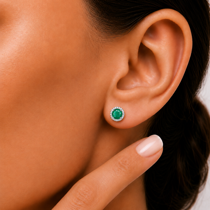 925 Sterling Silver Round Cut Emerald Halo Stud Earrings for Women