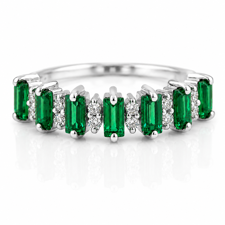 Baguette Emerald & Moissanite Eternity Ring in 925 Sterling Silver