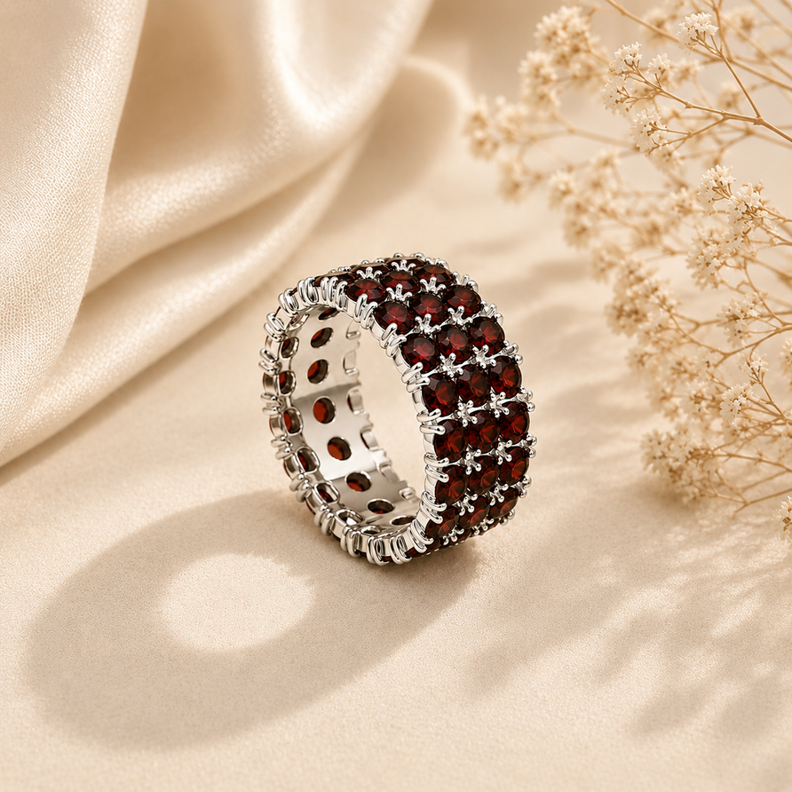 925 Sterling Silver Natural Garnet 3-Row Eternity Band Ring