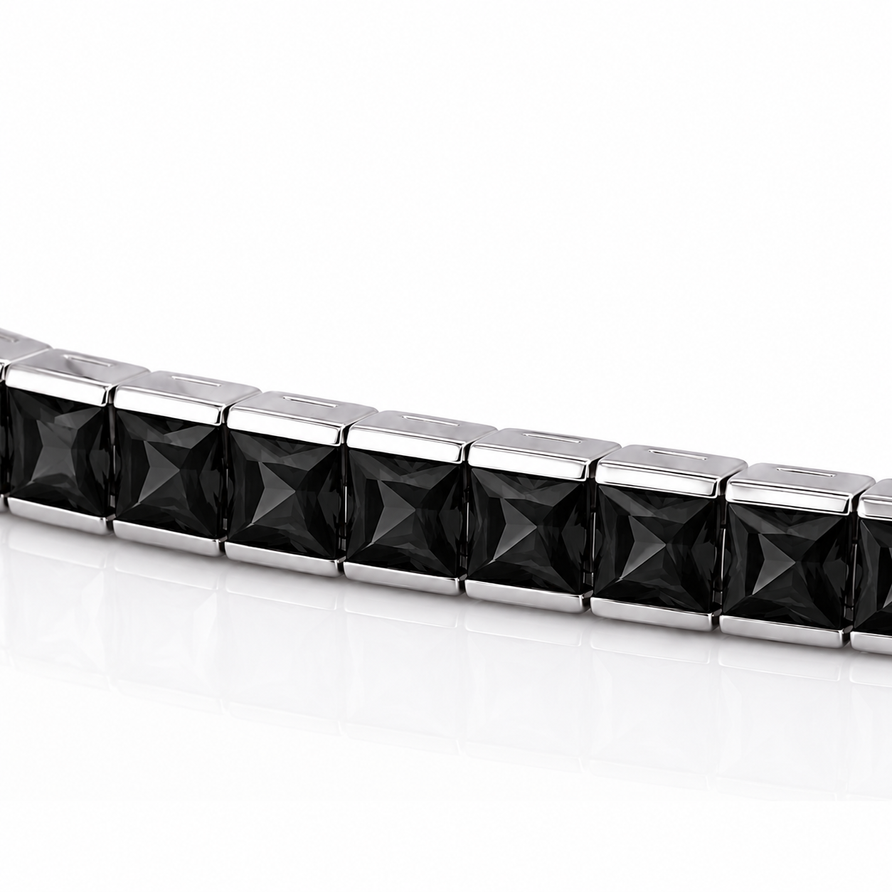 925 Sterling Silver Princess Cut Black Spinel Tennis Bracelet – 4mm Channel Set