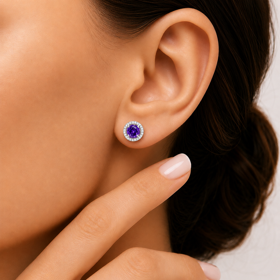 925 Sterling Silver Round Cut Purple Amethyst Halo Stud Earrings for Women