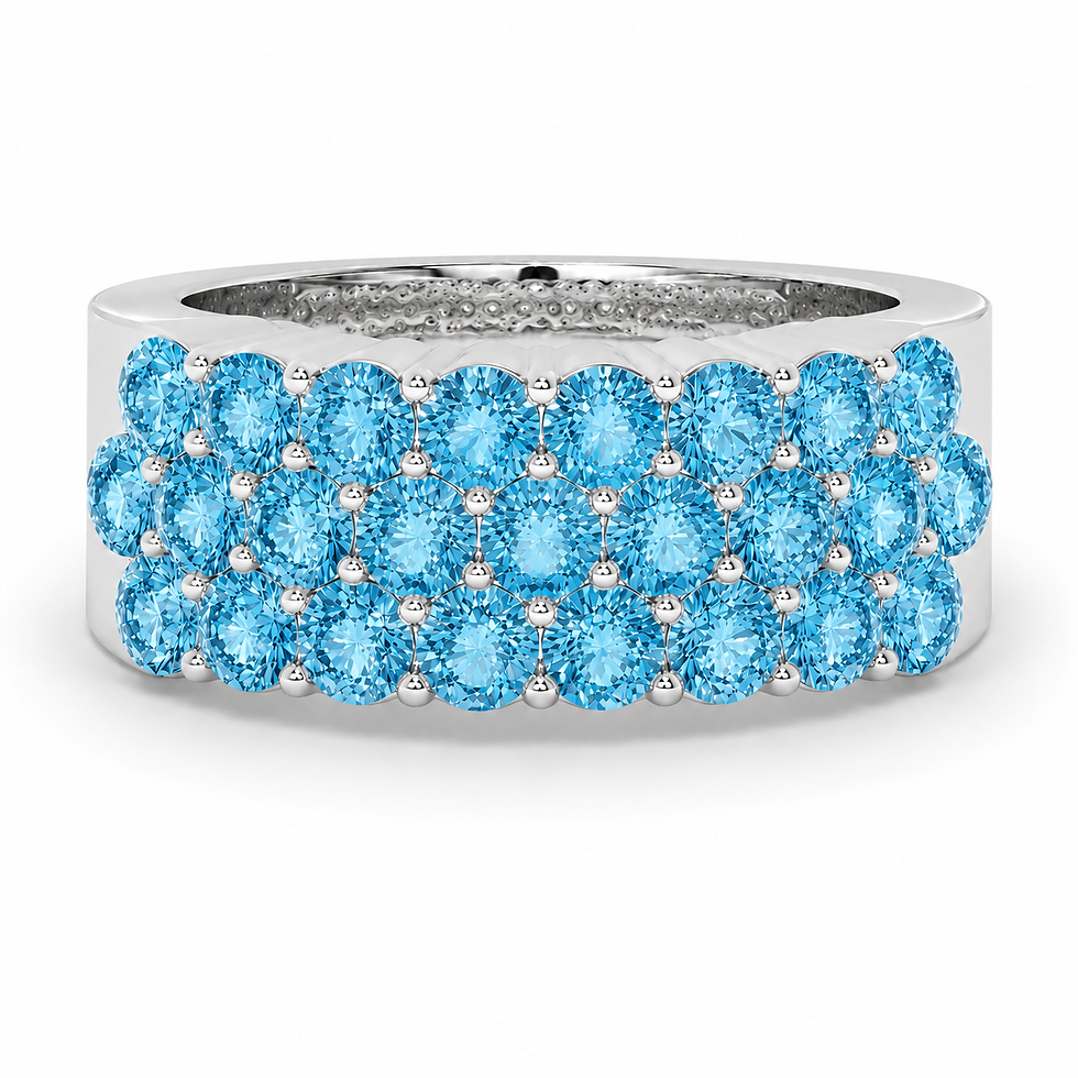 Round Cut Swiss Blue Topaz 3 Row Cluster Statement Ring in 925 Sterling Silver