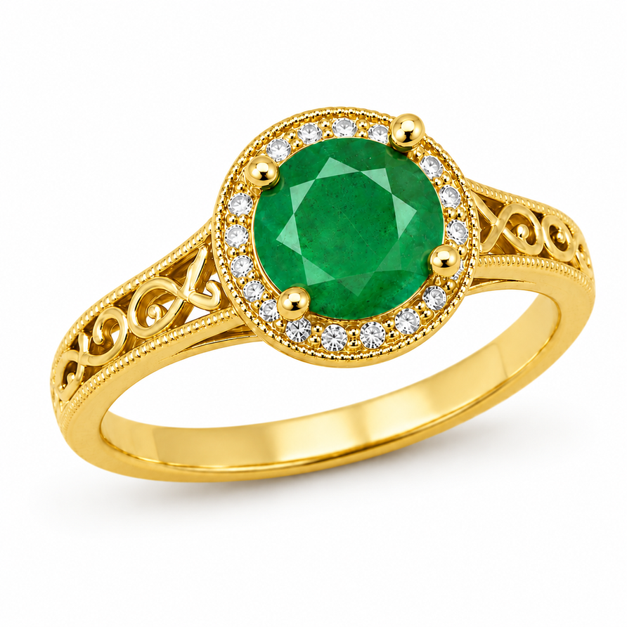 1.5 CT Round Cut Emerald Vintage Halo Engagement Ring in 925 Sterling Silver