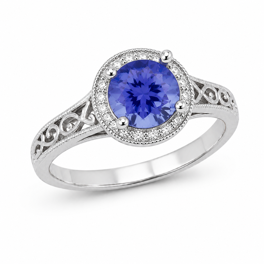 1.5 CT Round Cut Tanzanite Vintage Halo Engagement Ring in 925 Sterling Silver