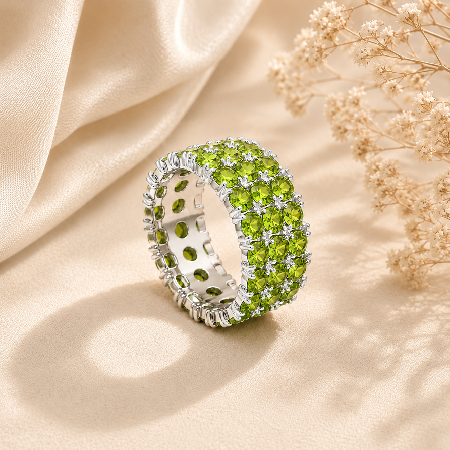 925 Sterling Silver Natural Peridot 3-Row Eternity Band Ring