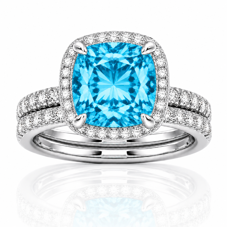 Cushion Cut Swiss Blue Topaz & Moissanite Halo Engagement Ring Set