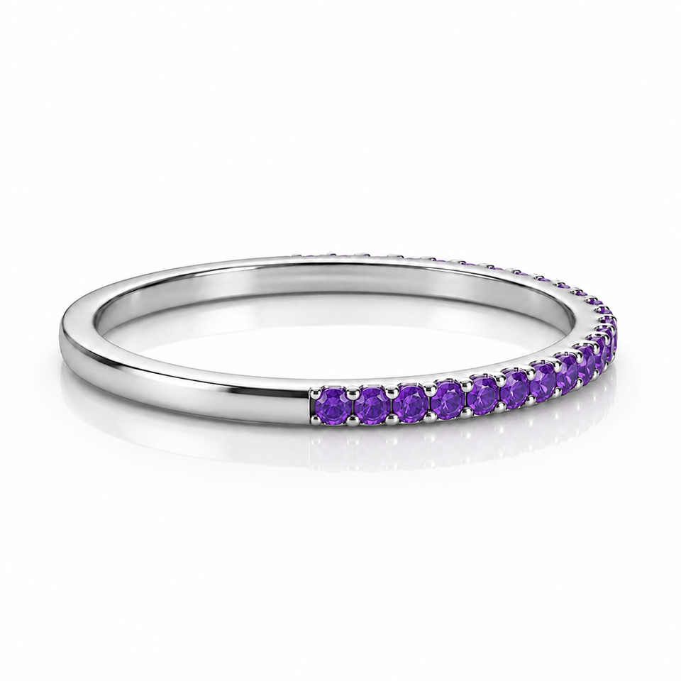 925 Sterling Silver Amethyst 1.5mm Round Half Eternity Stackable Band Ring