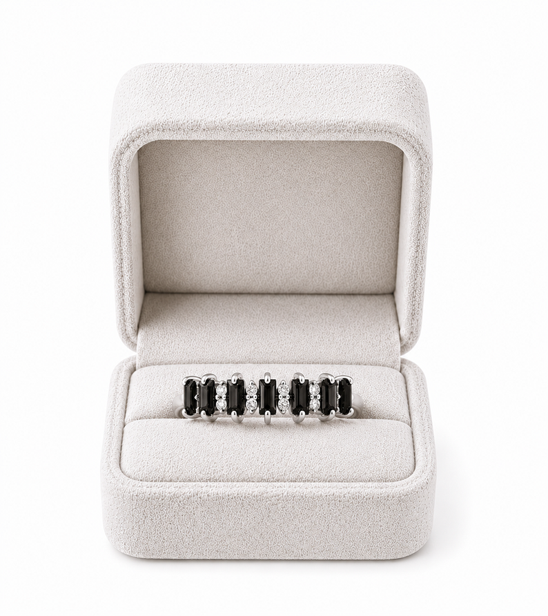 Baguette Black Spinel & Moissanite Eternity Ring in 925 Sterling Silver