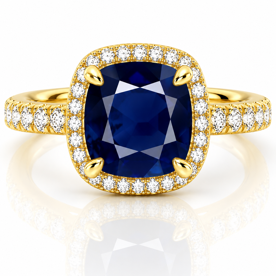 Cushion Cut Blue Sapphire & Moissanite Halo Engagement Ring Set