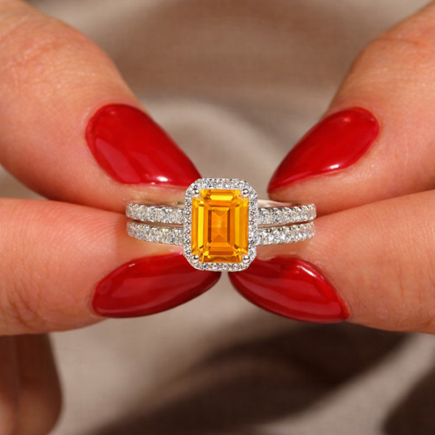 925 Sterling Silver Emerald Cut Citrine Halo Double Band Ring
