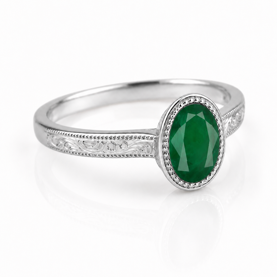 2 CT Bezel Set Oval Emerald Vintage Engagement Ring in 925 Sterling Silver