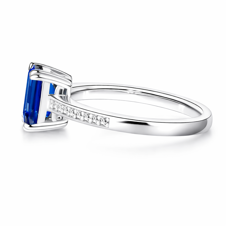 Emerald Cut Blue Sapphire Engagement Ring in 925 Sterling Silver