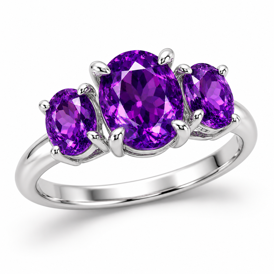 3 CT Natural Oval Amethyst Three-Stone Engagement Ring