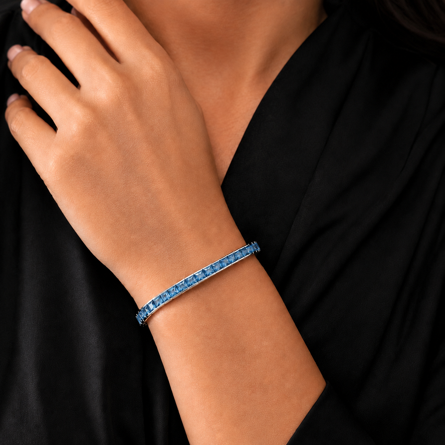 925 Sterling Silver Princess Cut Swiss Blue Topaz Tennis Bracelet – 4mm Channel Set
