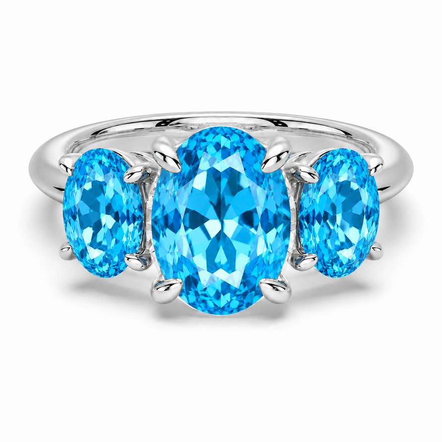 3 CT Natural Oval Cut Swiss Blue Topaz Three-Stone Engagement Ring