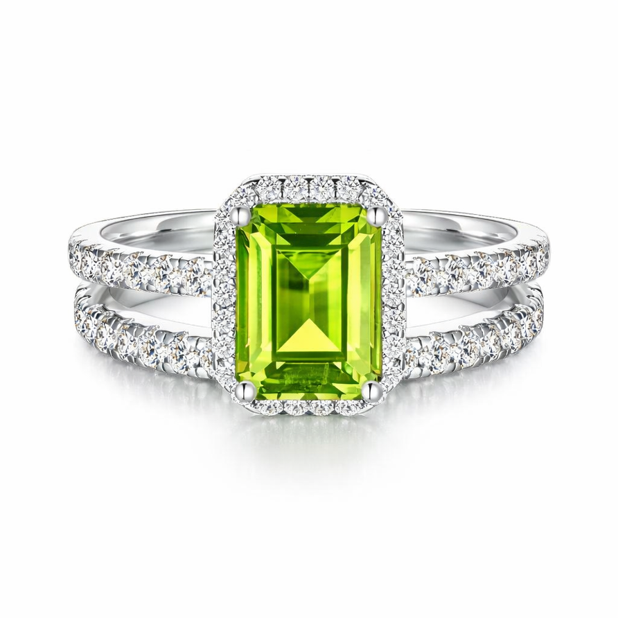 925 Sterling Silver Emerald Cut Peridot Halo Double Band Ring