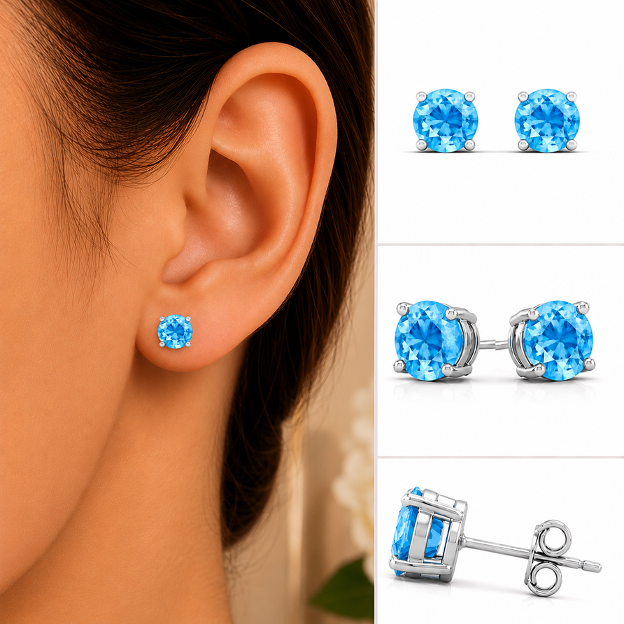 925 Sterling Silver Round Swiss Blue Topaz Stud Earrings for Women