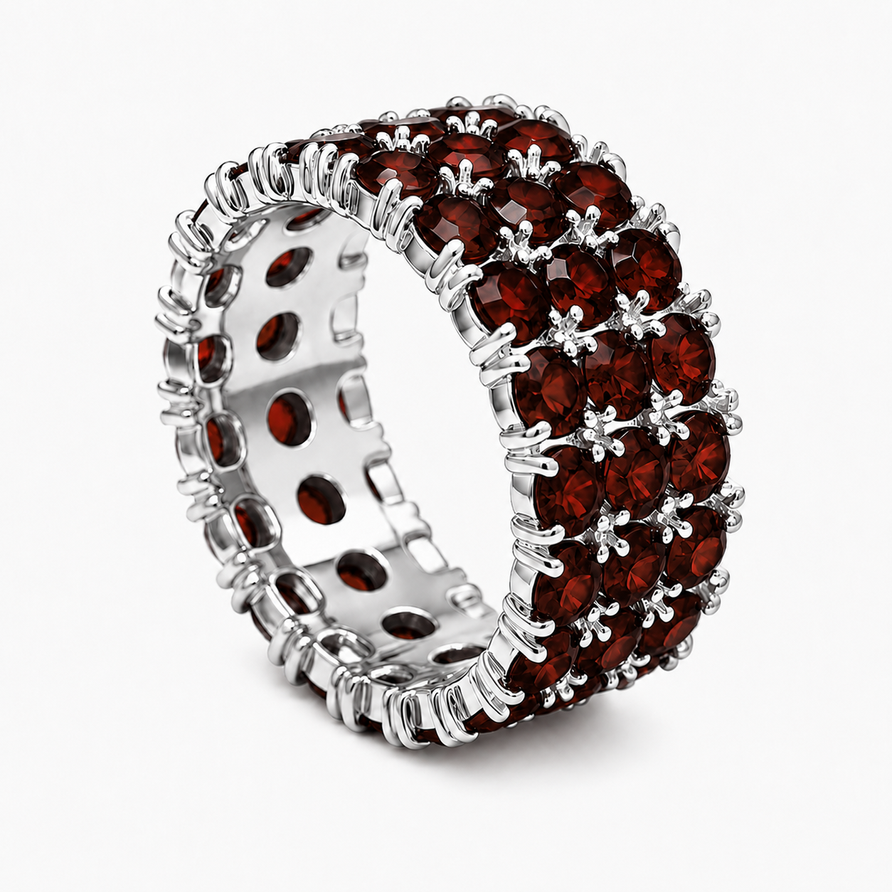 925 Sterling Silver Natural Garnet 3-Row Eternity Band Ring