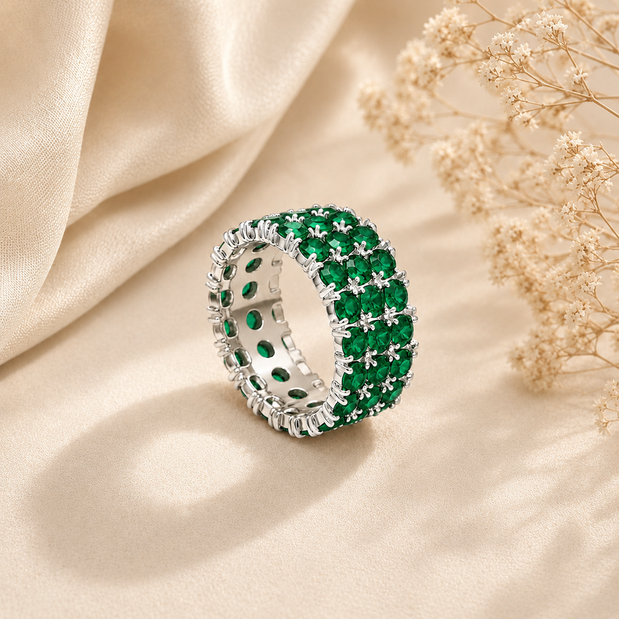 925 Sterling Silver Lab Created Emerald 3-Row Eternity Band Ring